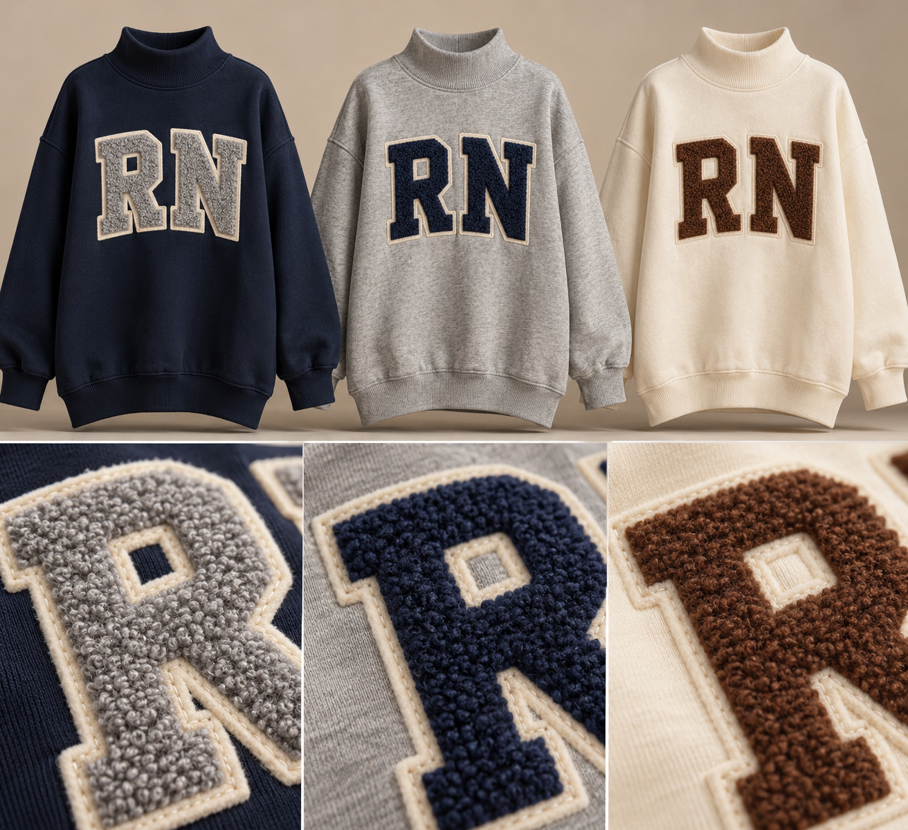 Close-up from the supplied concept, showing brown looped RN lettering with cream borders